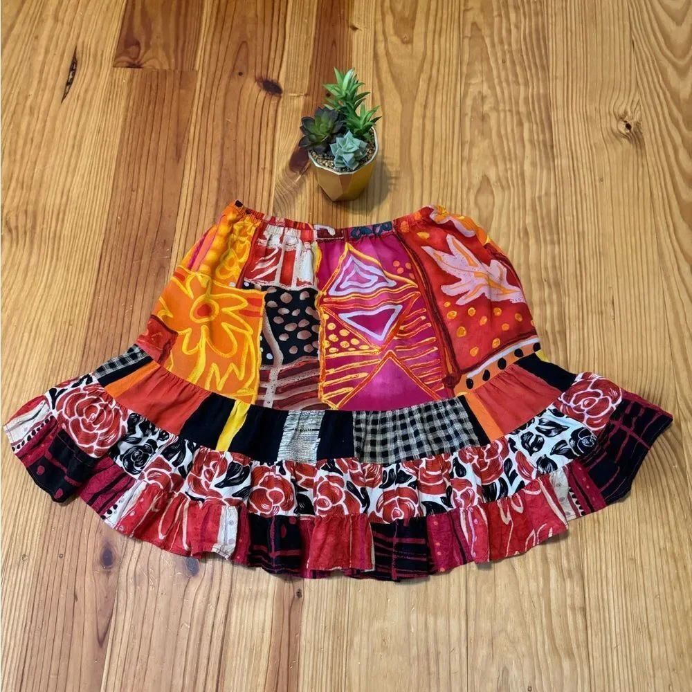 Vtg Jams World M Hattie Skirt Mini Pleated Tiered Ruffle Indian Summer Patchwork